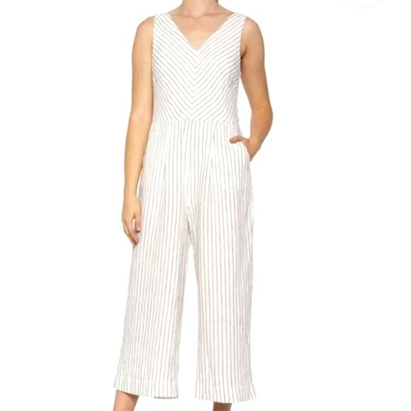 RACHEL ZOE Womens 10 Linen Sleeveless Jumpsuit Romper White Black Stripe Pockets - Picture 1 of 10